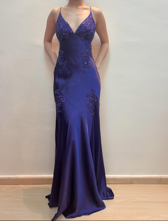 Lila Perlen Langes Satin Ballkleid Abendkleid Partykleid gh4811