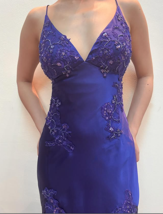 Lila Perlen Langes Satin Ballkleid Abendkleid Partykleid gh4811