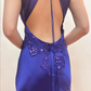 Lila Perlen Langes Satin Ballkleid Abendkleid Partykleid gh4811