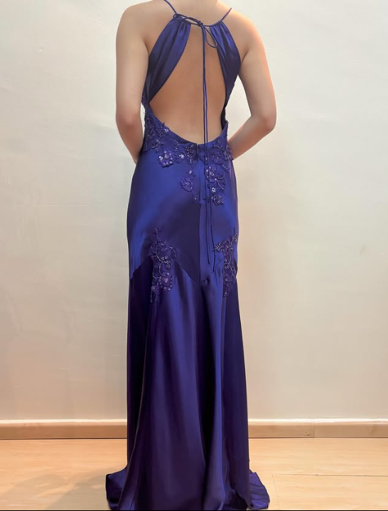 Lila Perlen Langes Satin Ballkleid Abendkleid Partykleid gh4811
