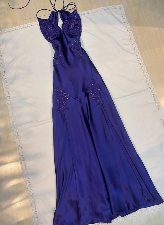 Lila Perlen Langes Satin Ballkleid Abendkleid Partykleid gh4811