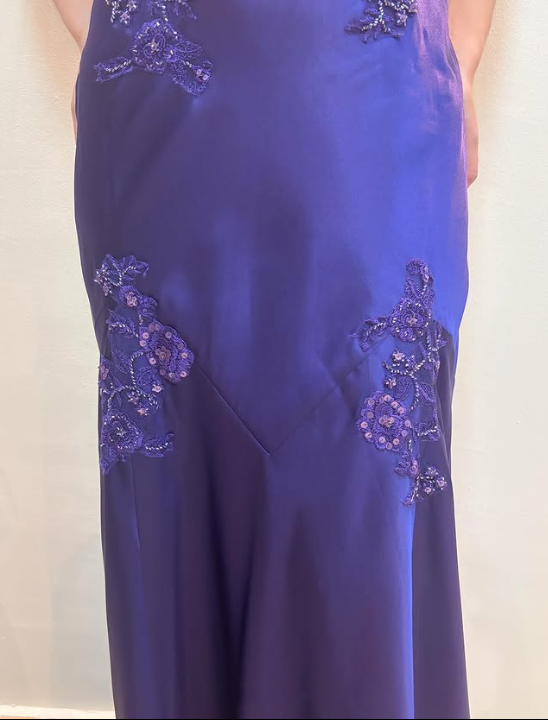 Lila Perlen Langes Satin Ballkleid Abendkleid Partykleid gh4811