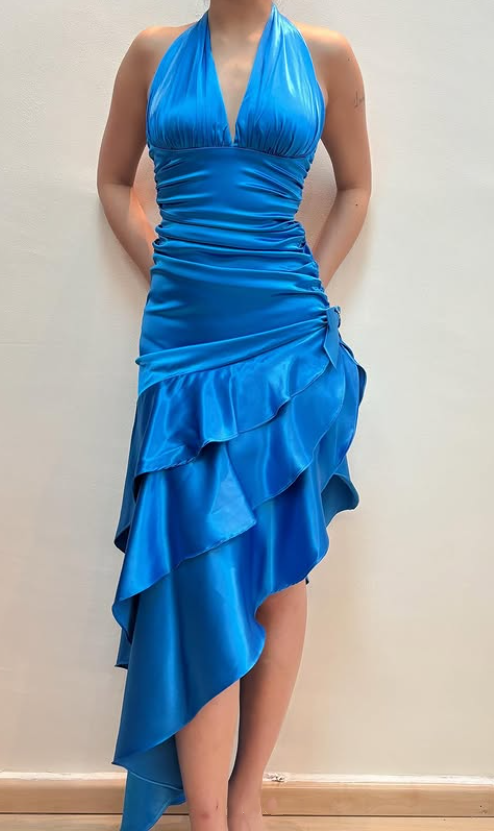 Robe de soirée en satin bleu à volants, robe de soirée d'anniversaire tendance gh4813