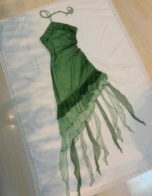 Robe de soirée en mousseline de soie verte brillante à volants, robe de soirée d'anniversaire tendance gh4814
