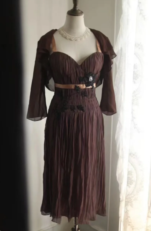 Braunes Chiffon-Kleid mit glänzenden Perlen, für den Heimkehr, modisches Geburtstagspartykleid, Abendkleid gh4815