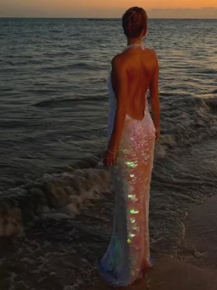Rosa glänzendes, modisches Pailletten-Langkleid für Reisen, Urlaub/Geburtstag/Cocktailparty, gh4859