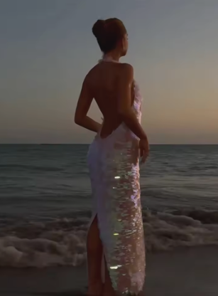 Rosa glänzendes, modisches Pailletten-Langkleid für Reisen, Urlaub/Geburtstag/Cocktailparty, gh4859