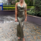 Grünes, modisches, elegantes Spaghettiträger-Kleid aus langem Satin, Abendkleid, Hochzeitsgast-Partykleid, gh3111