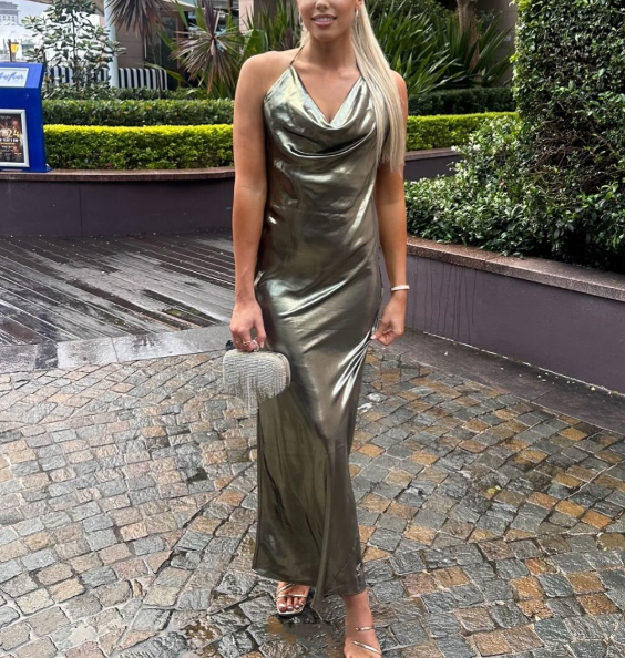 Grünes, modisches, elegantes Spaghettiträger-Kleid aus langem Satin, Abendkleid, Hochzeitsgast-Partykleid, gh3111