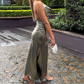 Grünes, modisches, elegantes Spaghettiträger-Kleid aus langem Satin, Abendkleid, Hochzeitsgast-Partykleid, gh3111