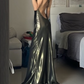 Grünes, modisches, elegantes Spaghettiträger-Kleid aus langem Satin, Abendkleid, Hochzeitsgast-Partykleid, gh3111