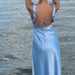 Blaues schlichtes, elegantes, langes Ballkleid aus Satin mit V-Ausschnitt gh3165