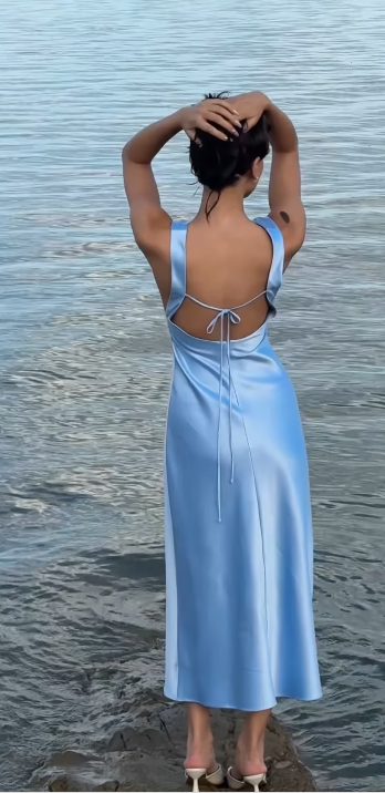 Blaues schlichtes, elegantes, langes Ballkleid aus Satin mit V-Ausschnitt gh3165
