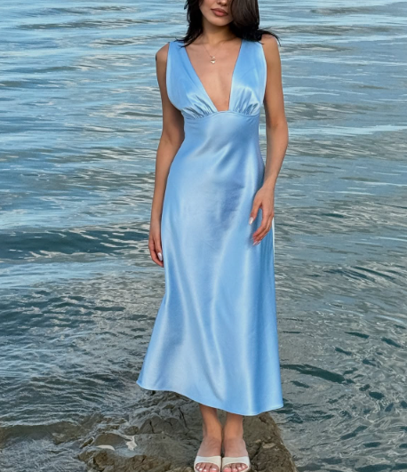 Blaues schlichtes, elegantes, langes Ballkleid aus Satin mit V-Ausschnitt gh3165