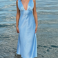 Blaues schlichtes, elegantes, langes Ballkleid aus Satin mit V-Ausschnitt gh3165
