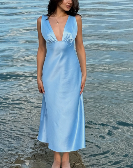 Blaues schlichtes, elegantes, langes Ballkleid aus Satin mit V-Ausschnitt gh3165
