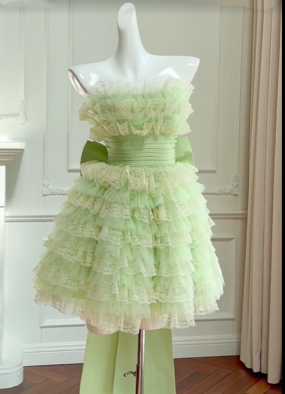 Girlhomeshops - Robe de soirée courte verte et mignonne à volants, idéale pour un anniversaire, gh5097