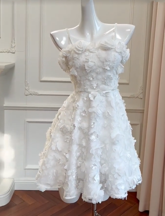 Girlhomeshops - Robe de soirée courte en mousseline de soie, blanche, motif floral tridimensionnel, tenue de fête d'anniversaire, gh5098