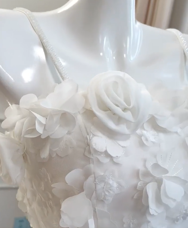 Girlhomeshops - Robe de soirée courte en mousseline de soie, blanche, motif floral tridimensionnel, tenue de fête d'anniversaire, gh5098