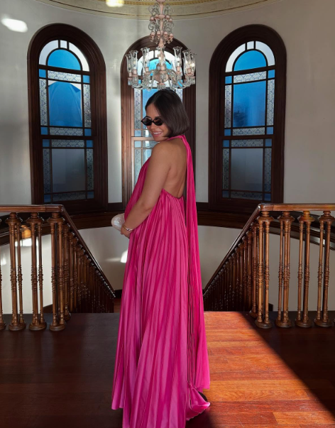 Pink/green fashion V-neck elegant long satin evening dress party dress wedding guest dress maternity dress gh3056