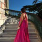 Pink/green fashion V-neck elegant long satin evening dress party dress wedding guest dress maternity dress gh3056