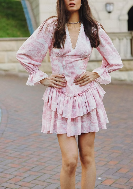 Girlhomeshops-Rosa Blumenmuster, lange Ärmel, modisch, süß, kurz, Chiffon, rückenfrei, Heimkehrkleid, Geburtstagskleid, gh5272