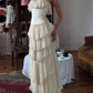 Elfenbeinweiß Vintage Elegantes Chiffon Rüschen Langes Ballkleid Abendkleid Partykleid gh4884