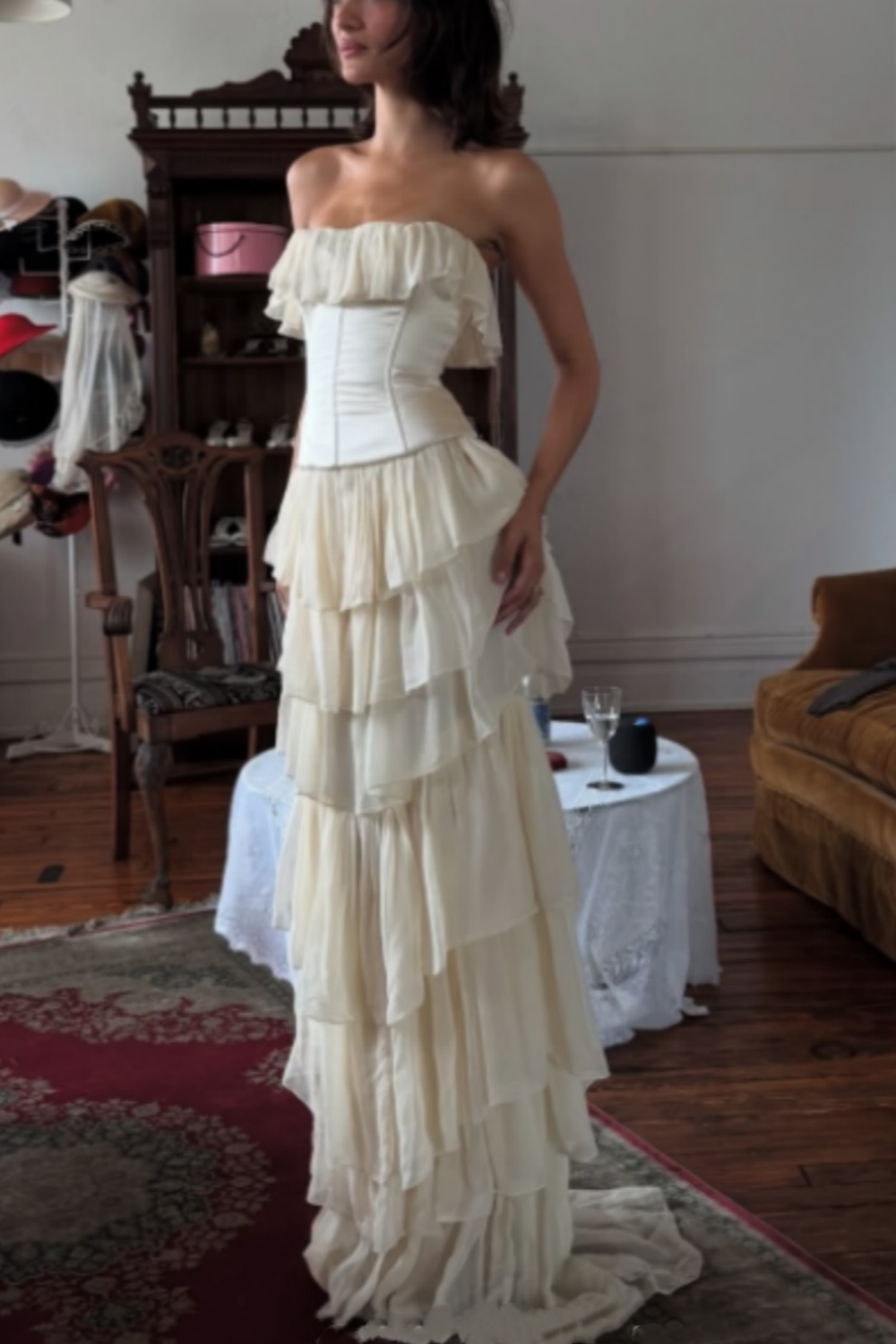 Elfenbeinweiß Vintage Elegantes Chiffon Rüschen Langes Ballkleid Abendkleid Partykleid gh4884