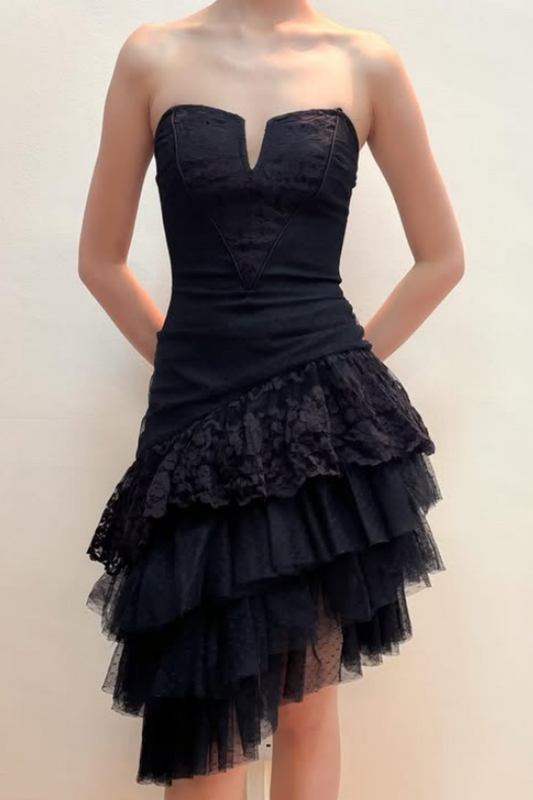 Girlhomeshops - Robe de soirée mi-longue en mousseline et dentelle noire gh5529