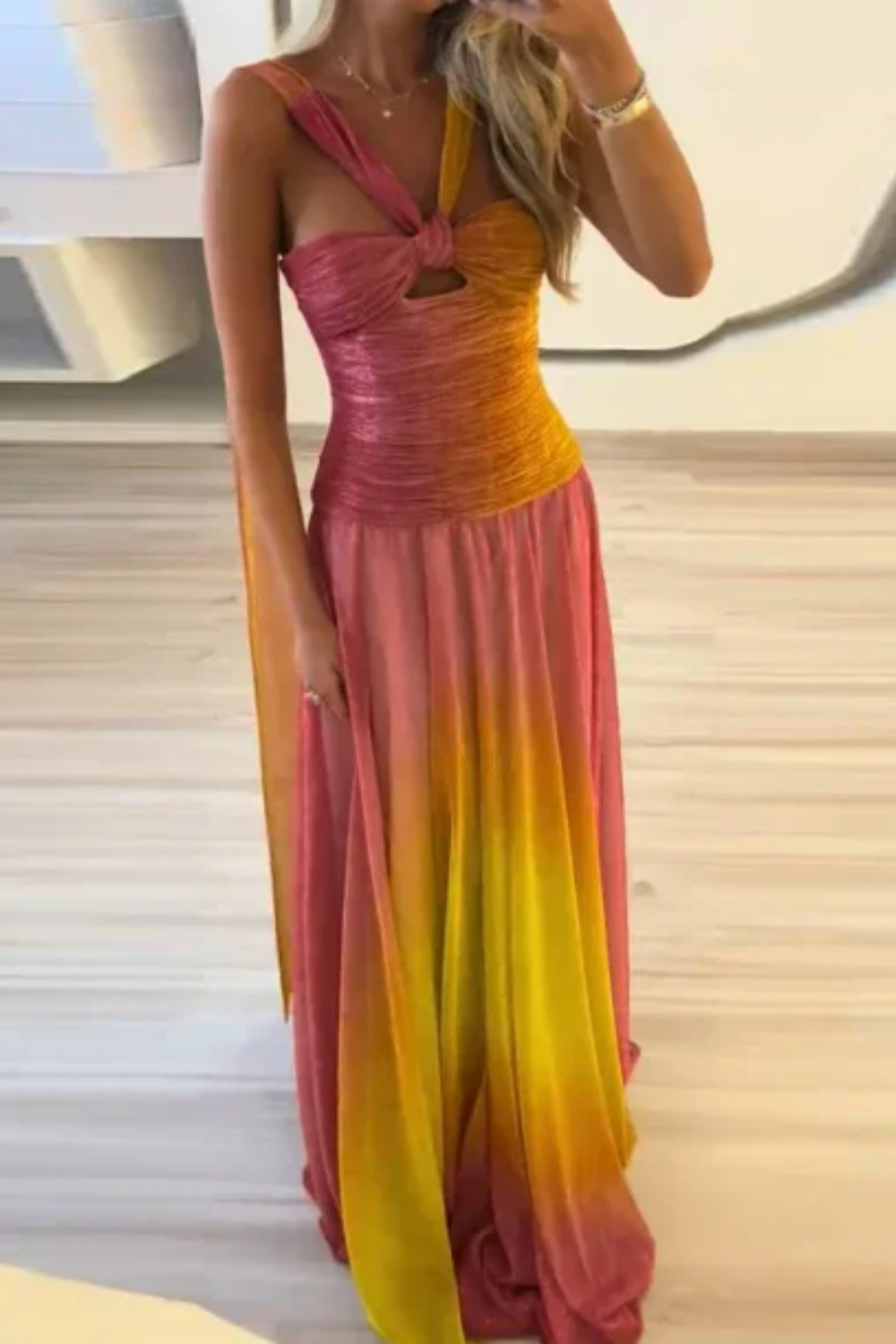 girlhomeshops – Rosa Gelb Vogue Farbverlauf Langes Chiffon-Ballkleid Hochzeitsgast-Partykleid gh5569
