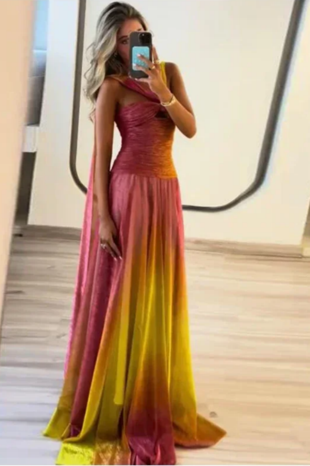 girlhomeshops – Rosa Gelb Vogue Farbverlauf Langes Chiffon-Ballkleid Hochzeitsgast-Partykleid gh5569