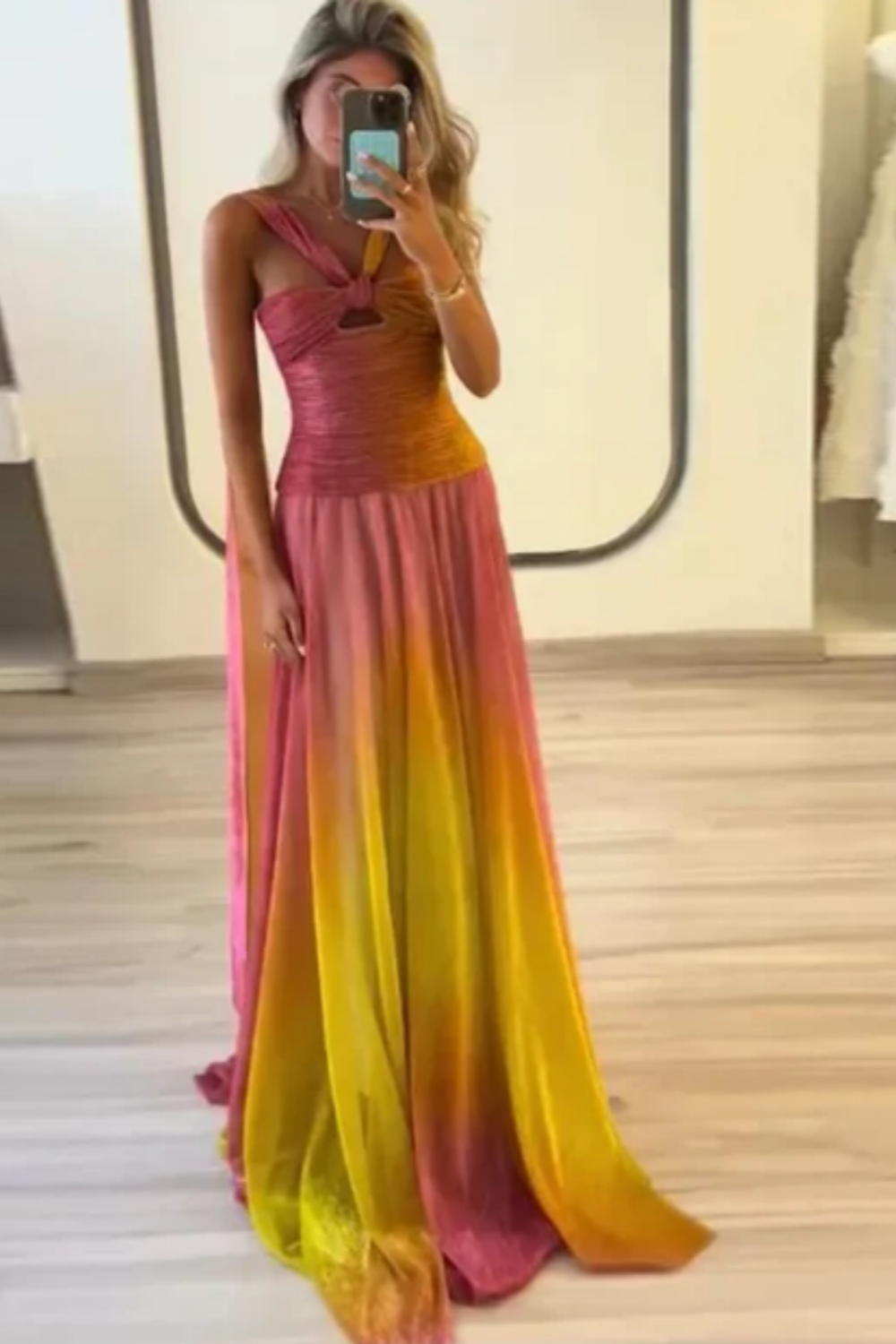 girlhomeshops – Rosa Gelb Vogue Farbverlauf Langes Chiffon-Ballkleid Hochzeitsgast-Partykleid gh5569