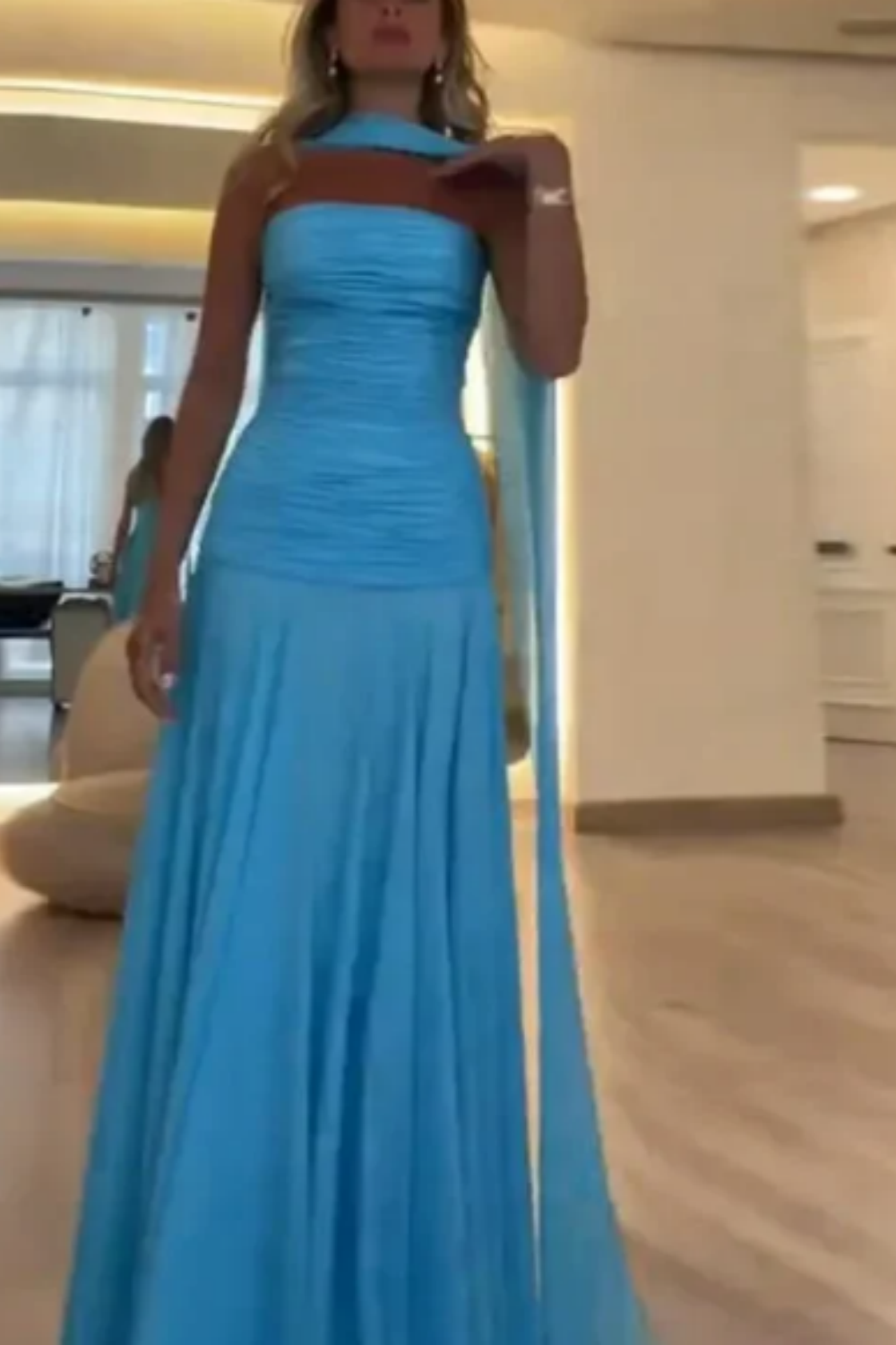 girlhomeshops – Blaues, schlichtes, modisches, langes Chiffon-Ballkleid für Hochzeitsgäste, Partykleid gh5570