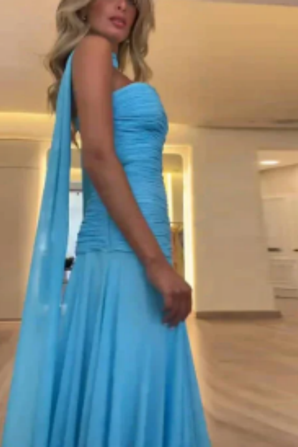 girlhomeshops – Blaues, schlichtes, modisches, langes Chiffon-Ballkleid für Hochzeitsgäste, Partykleid gh5570