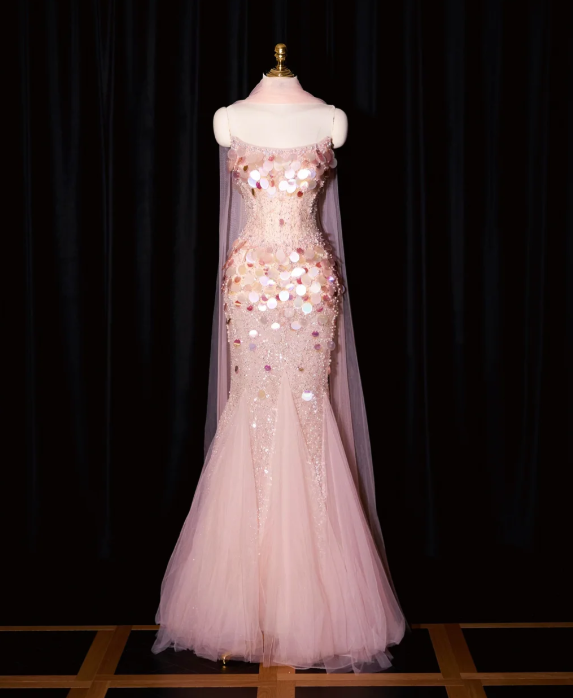 girlhomeshops – Rosa Meerjungfrau-Abendkleid mit Pailletten, lang, Tüll, gh5701