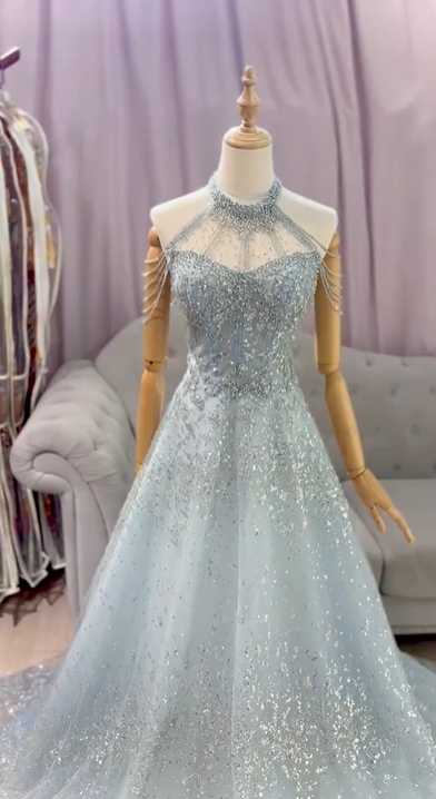 Robe de soirée longue en tulle bleu clair, élégante et magnifique, avec perles, robe de mariée brillante, gh4353