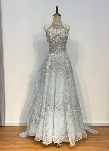 Robe de soirée longue en tulle bleu clair, élégante et magnifique, avec perles, robe de mariée brillante, gh4353