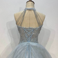 Robe de soirée longue en tulle bleu clair, élégante et magnifique, avec perles, robe de mariée brillante, gh4353