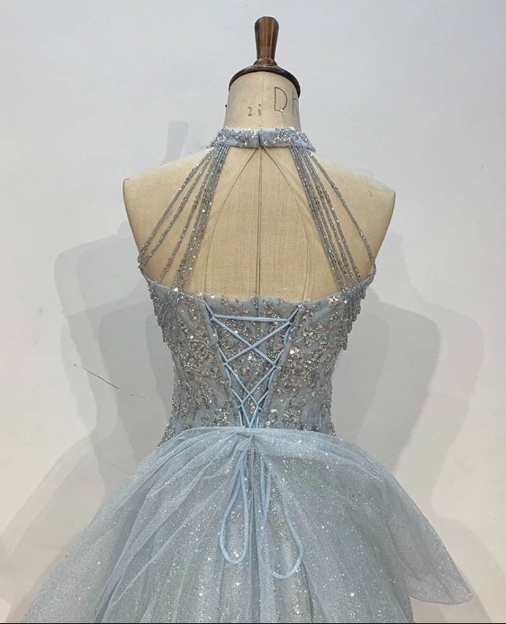 Robe de soirée longue en tulle bleu clair, élégante et magnifique, avec perles, robe de mariée brillante, gh4353