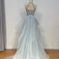 Robe de soirée longue en tulle bleu clair, élégante et magnifique, avec perles, robe de mariée brillante, gh4353