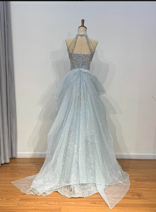 Robe de soirée longue en tulle bleu clair, élégante et magnifique, avec perles, robe de mariée brillante, gh4353