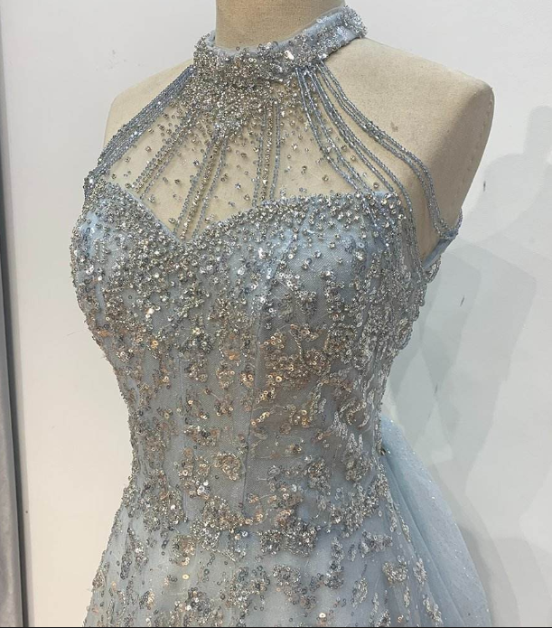 Robe de soirée longue en tulle bleu clair, élégante et magnifique, avec perles, robe de mariée brillante, gh4353