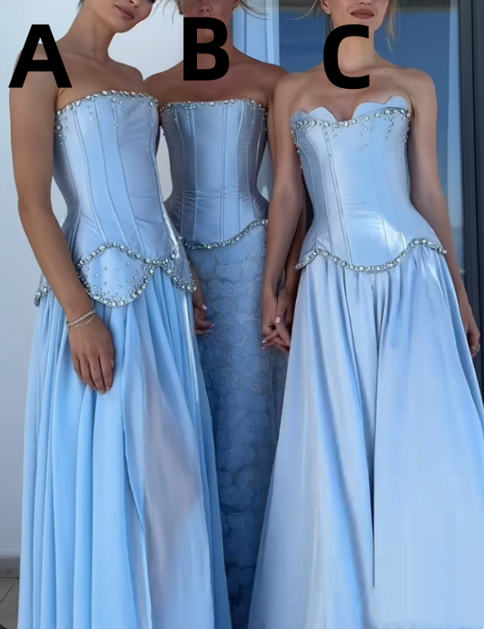 girlhomeshops-Blue Vintage Elegant Bridesmaid Dress Long Off-the-Shoulder gh5764