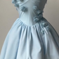 girlhomeshops - Robe de soirée courte bleue en satin fleuri à bretelles spaghetti gh5779
