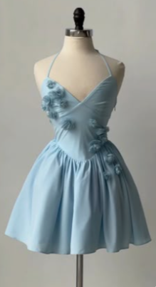 girlhomeshops - Robe de soirée courte bleue en satin fleuri à bretelles spaghetti gh5779