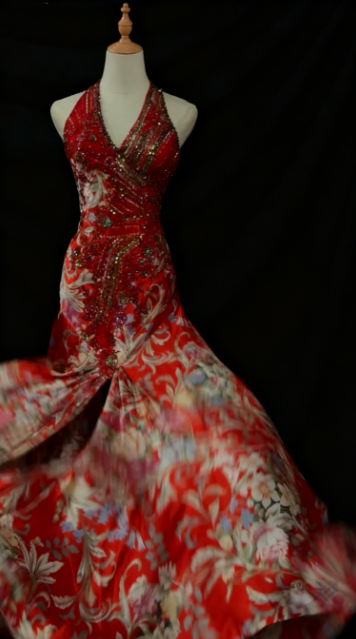 girlhomeshops-Rotes, florales, exquisites, langes Ballkleid mit Schleppe, Abendkleid gh5824
