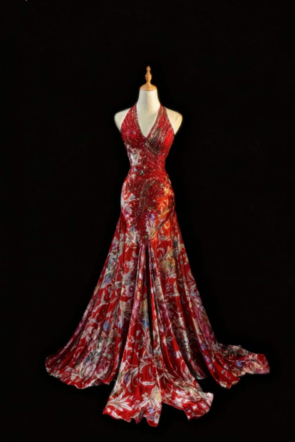 girlhomeshops-Rotes, florales, exquisites, langes Ballkleid mit Schleppe, Abendkleid gh5824