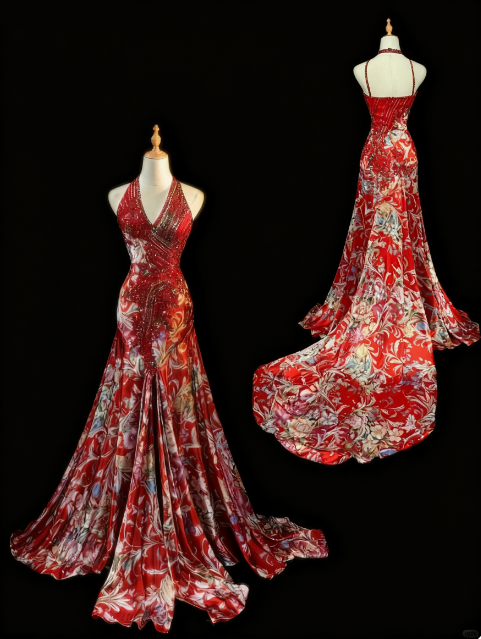 girlhomeshops-Rotes, florales, exquisites, langes Ballkleid mit Schleppe, Abendkleid gh5824