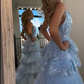 girlhomeshops-Blaues langes Prinzessinnen-Abschlussballkleid mit glänzenden Pailletten und langem Tüll gh5926