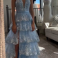 girlhomeshops-Blaues langes Prinzessinnen-Abschlussballkleid mit glänzenden Pailletten und langem Tüll gh5926